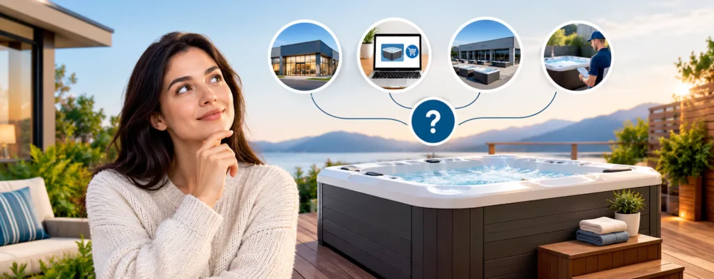 Woman contemplating which is the Best Place to Buy Hot Tub, featuring options for online retailers, hot tub showrooms, local dealers, and installation services.