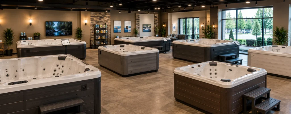 Jacuzzis FL showroom floor with multiple hot tub size on display, from compact 2-person spas to large 8-person models, helping buyers compare dimensions side by side